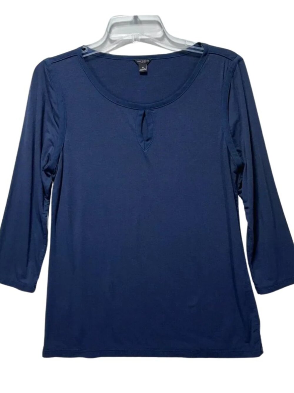 Ann Taylor Lightweight Navy Blue Top 3/4 Sleeve Keyhole Neckline, Size M